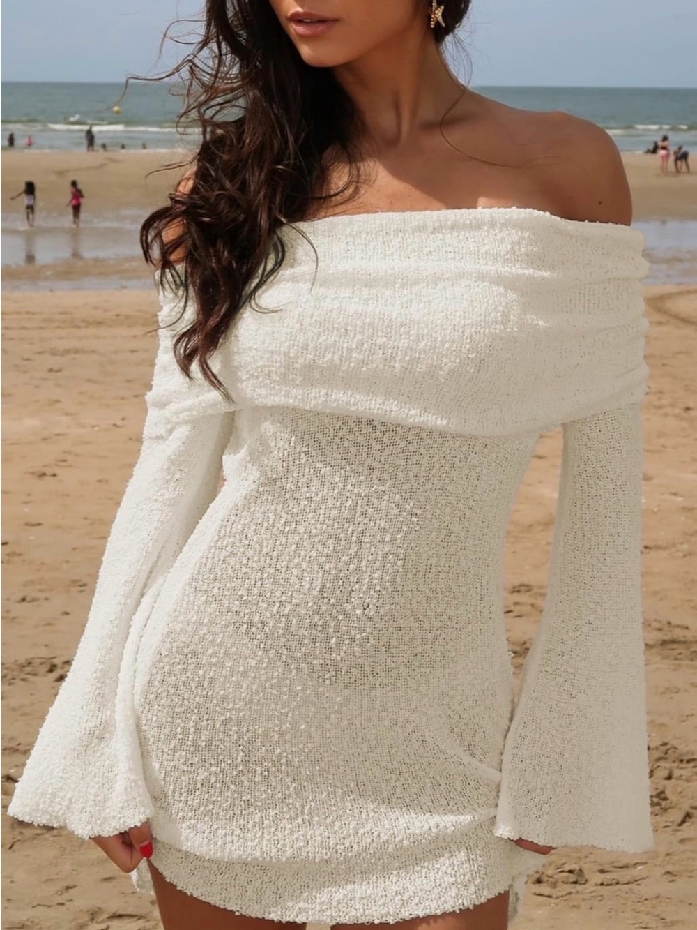 Off-Shoulder White Textured s swim cover up